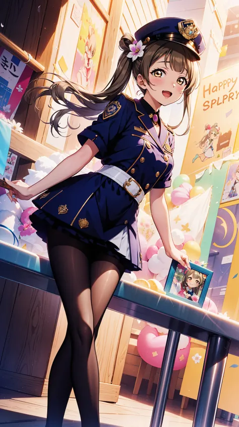 masterpiece,  Minami Kotori, mini skirt,  Charm，Investigator costume ，Wrinkles，Police hat， black pantyhose ,   flower pattern ， special hairstyle，Medium-length hair， soft colors， golden eyes，Single，Oblique angle，happy，Middle Curve