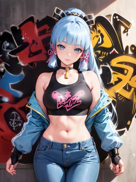 kamisato ayaka|genshin impact, master-piece, bestquality, 1girls,25 years old, proportional body, elongated legs, Beautiful, proportional., crop top, Long Jeans, mediuml breasts, ,bara, crop top, choker, (Graffiti:1.5), Splash with purple lightning pattern...