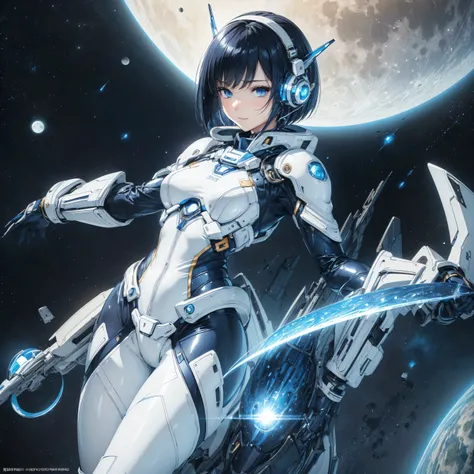 (masterpiece、 top quality、 highest resolution、 clear _image、 Detailed Details): (Whole body、A 20 year old girl、Japanese Faces、 small face、 slender、 dark blue super short bob cut hair、(Hidden small breasts:1.3)、 Sparkling Blue Eyes 、Shiny pilot suit in whit...