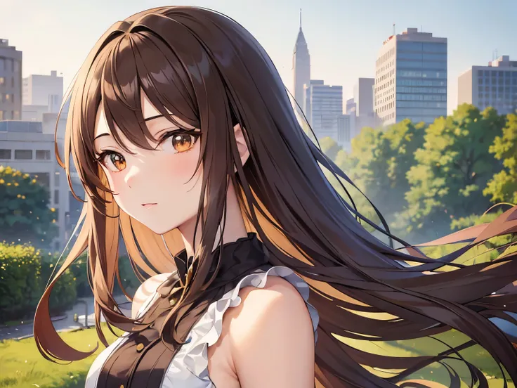 Anime girl character with flowing brown hair, and wearing a summer dress, with a background in the city, (best quality:1.1), (masterpiece:1.2), high quality shadow, beautiful detailed, (high detailed skin, skin details), (wide_landscape, 8k), beautiful fac...