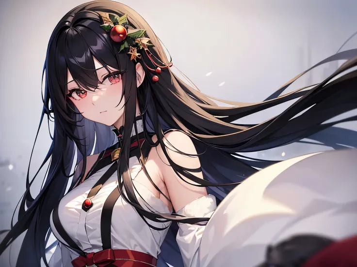 Anime girl character with long flowing black hair, and wearing a Christmas dress, with winter background,  (best quality:1.1), (masterpiece:1.2), high quality shadow, beautiful detailed, (high detailed skin, skin details), (wide_landscape, 8k), beautiful f...