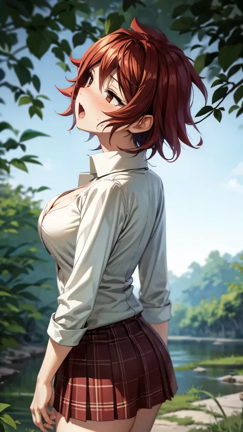 （ super high quality , super high resolution ,16k,super masterpiece,Ultra HD ,Detailed shading and background,）A sexy girl is looking up,（White nude shirt, cleavage, Plaid Mini Skirt,） open mouth , Sweaty ,blush,Forest at night,Run with your back,