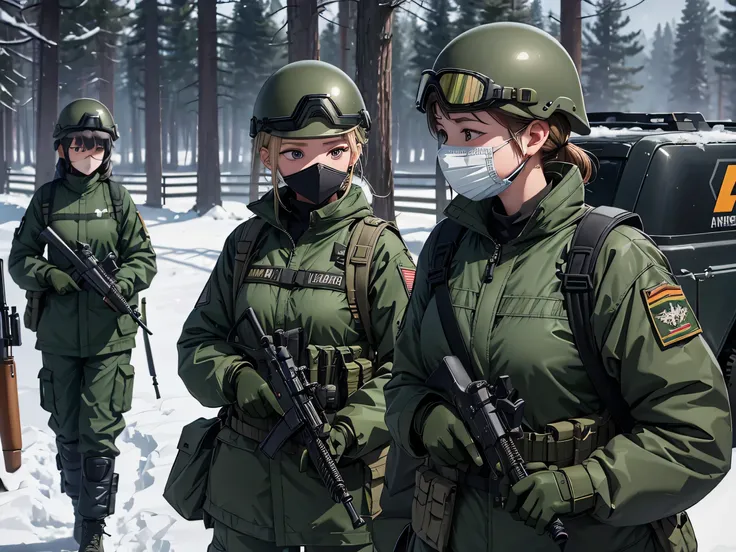 Five female soldiers in dark green military coats， all wearing helmets 、 anti-virus mask 、Goggles、Magazine Pouch、Tactical shoulder strap、Standing guard with gun，Snowy military base 、masterpiece、 Best Quality 、High precision CG 、8K Picture Quality