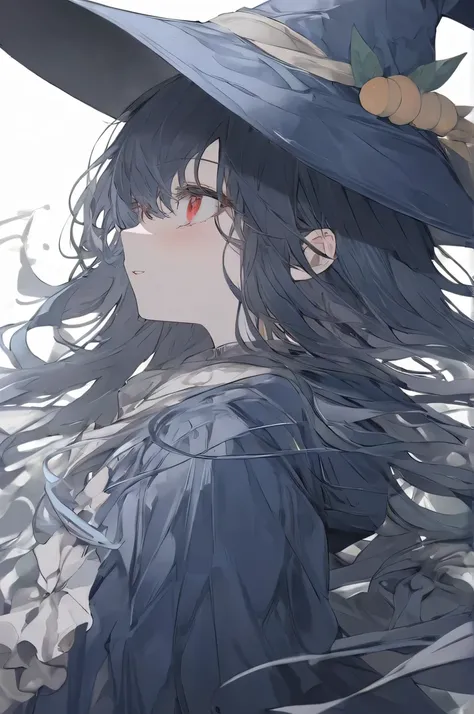 ， Top quality  ，  Best Quality ，  Official Art  ，cool, beautiful, And pick   ， Very Detailed （Fractional art 1 .2），most detailed，  a girl ，  expressionless faces  ， Dark blue long hair   ， wearing a wizard hat，  dark red eyes  ， Very Detailed  ,   high det...