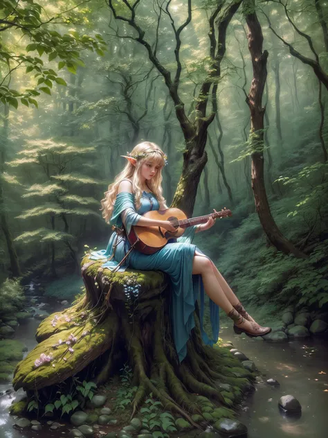 there is a woman sitting on a rock in the woods, sitting in the forrest, playing harp in magical forest, sitting on a rock, sitting on a log, forest elf bard playing lute, in harmony with nature, on a rock, sitting on rocks, sitting on a tree, setting in n...