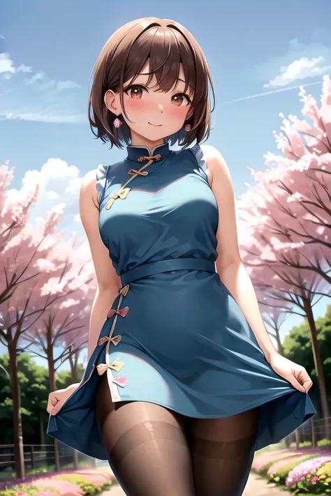  cute Japanese woman、Illustration、Fair skin、(((Brown Hair)))、Bob、E Cup、((( light blue china dress)))、(light blue sleeveless )、(( black pantyhose))、 gold hair ornament 、 earrings for a woman alone、(smile)、(((((blush)))))、((( angle from front)))、(( I can see...