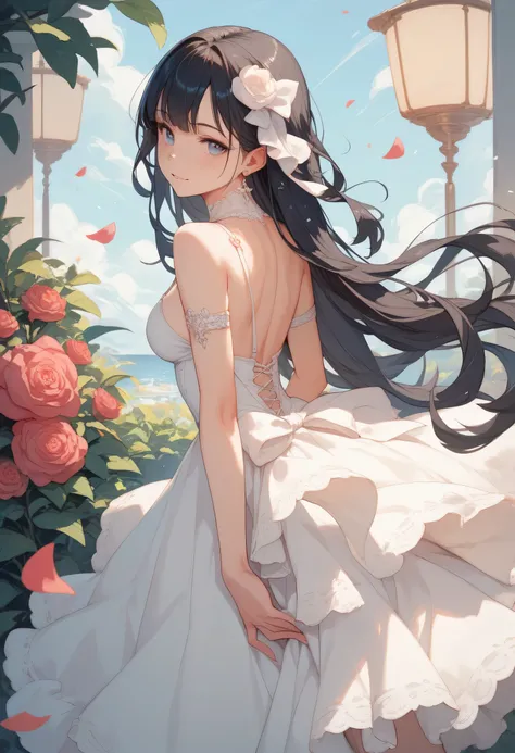 Girl with black hair in a white dress in a twin-tailed dress