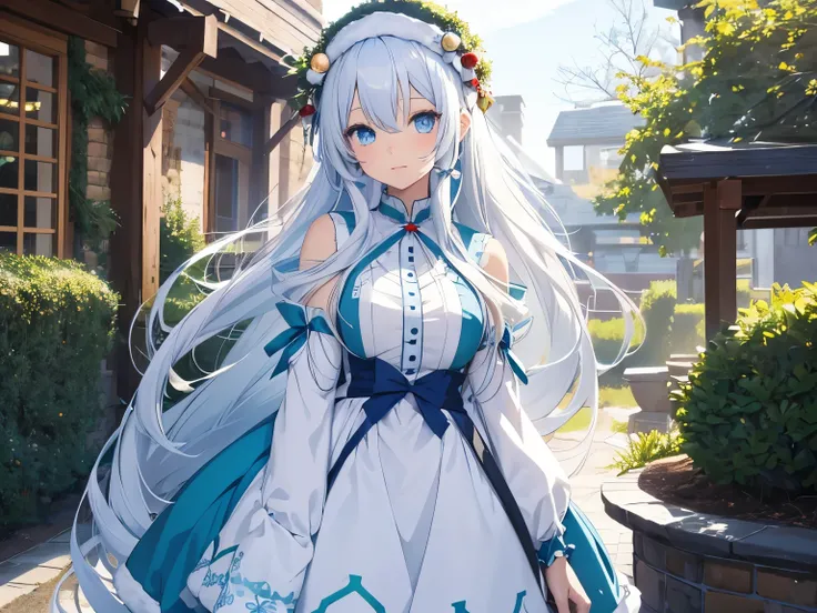 Anime girl character with long flowing white soft blue hair, blue eyes and wearing a Christmas dress, with a garden background
