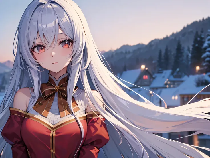 Anime girl character with long flowing hair, and wearing a Christmas dress, with winter background,  (best quality:1.1), (masterpiece:1.2), high quality shadow, beautiful detailed, (high detailed skin, skin details), (wide_landscape, 8k), beautiful face, d...