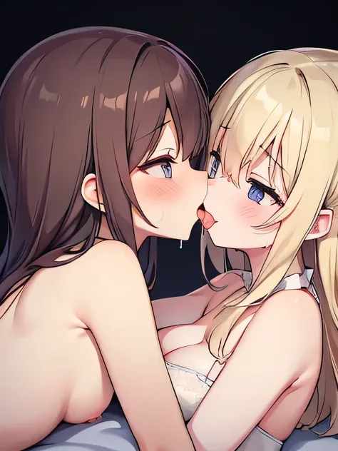 ( High Quality , 8k, 4K,  High Contrast, masterpiece:1.2, 最 High Quality ,  best aesthetics),  2 girls in 2, Blonde hair and lilac eyes,   brown hair and brown eyes  ,  blanking in the heart of the city, Embarrassment,  sexy lingerie,  see-through material...