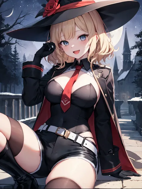 best quality, integrated scenery, integrated background, extremely delicate and beautiful, meticulous details, good composition, , cute face, perfect face, perfect hands,masterpiece, best quality, witch hat, black gloves, striped_thighhighs, looking at vie...