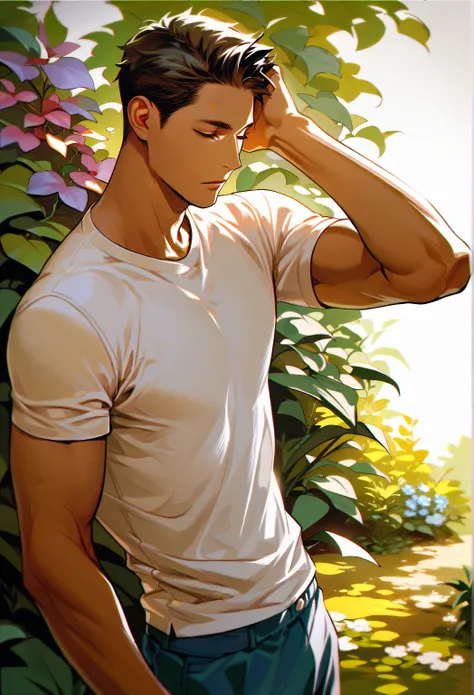 (Single:1.5), aldult, Male in his 20s,  muscular , Black Hair,  Messy Short Hair,  with eyes closed ， short sleeve t-shirt on t-shirt,  grins , Standing,  Brown Skin , garden, scratching head 