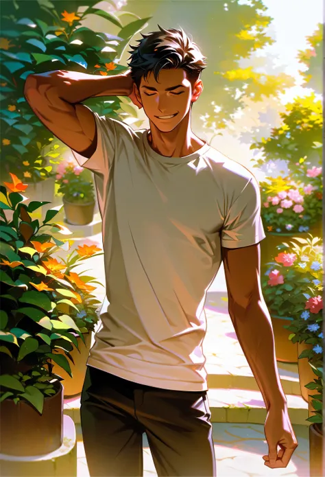 (Single:1.5), aldult, Male in his 20s,  muscular , Black Hair,  Messy Short Hair,  with eyes closed , Smirk,  short sleeve t-shirt on t-shirt, Standing,  Brown Skin , garden, scratching head 