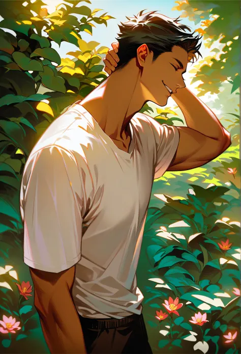 (Single:1.5), aldult, Male in his 20s,  muscular , Black Hair,  Messy Short Hair,  with eyes closed , Smirk,  short sleeve t-shirt on t-shirt, Standing,  Brown Skin , garden, scratching head 