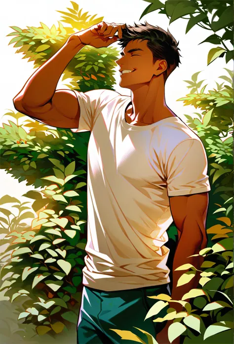 (Single:1.5), aldult, Male in his 20s,  muscular , Black Hair,  Messy Short Hair,  with eyes closed , Smirk,  short sleeve t-shirt on t-shirt, Standing,  Brown Skin , garden, scratching head 