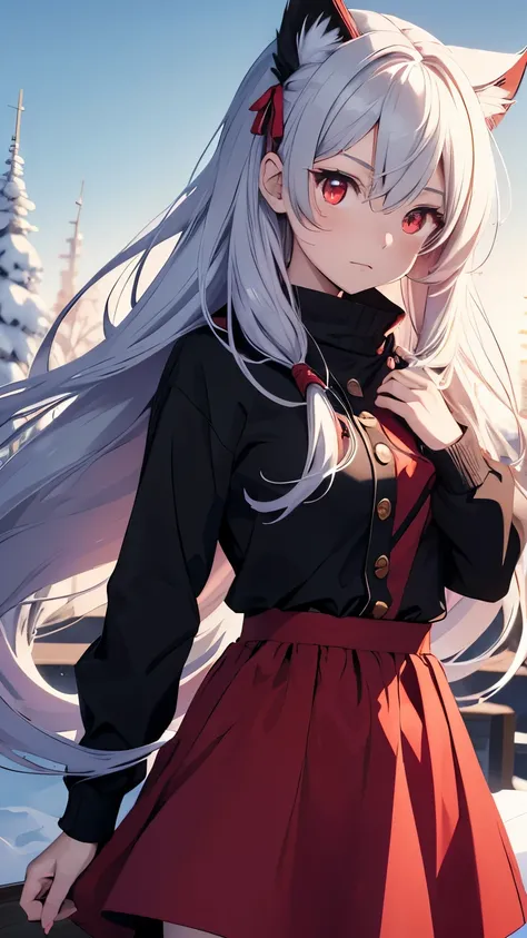 Anime girl character with flowing hair, red eyes with cat ears and wearing a winter dress, with a background