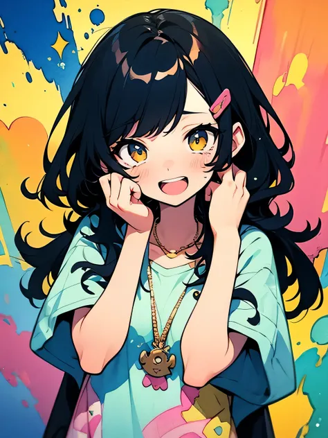 (looking at viewer),Alone, upperbody ,black spiky long loose hair,parted bangs,gold eyes,open mouth,rime green camisole 、rainbow hoodie ,Open Parka、 black string necklace、(happy action pose),tears、 energetic girl 、,like a painting, watercolor painting styl...