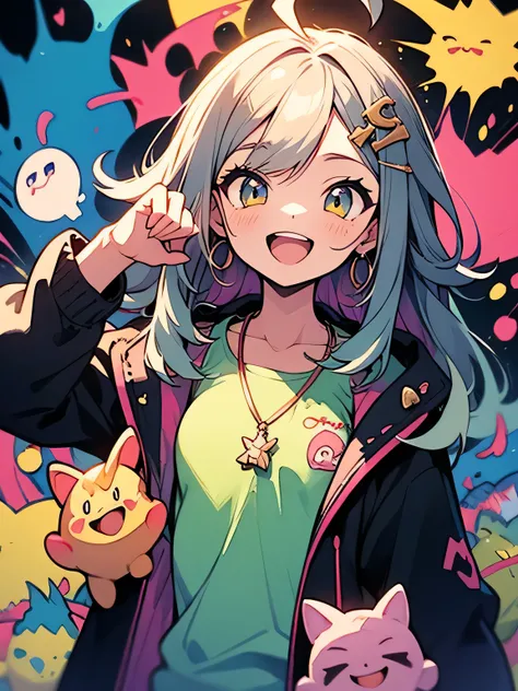 (looking at viewer),Alone, upperbody ,black spiky long loose hair,parted bangs,gold eyes,open mouth,rime green camisole 、rainbow hoodie ,Open Parka、small monsterball(pokemon) necklace、(happy action pose), energetic girl 、ahoge,like a painting, watercolor p...