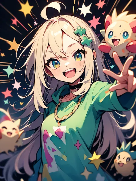 (looking at viewer),Alone, upperbody ,black spiky long loose hair,parted bangs,gold eyes,open mouth,rime green camisole 、rainbow hoodie ,Open Parka、((small monster ball(pokemon) necklace))、(happy action pose), energetic girl 、ahoge,like a painting, waterco...