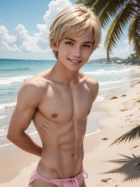 (best quality), 1boy, male, femboy, porcelain skin, blonde hair, tousled hair, short hair, swept bangs, brown eyes, perfect eyes, (cute swimwear), beach, flat chest, smile, masculine, blush, pink lips, masterpiece, anatomically correct, highres
