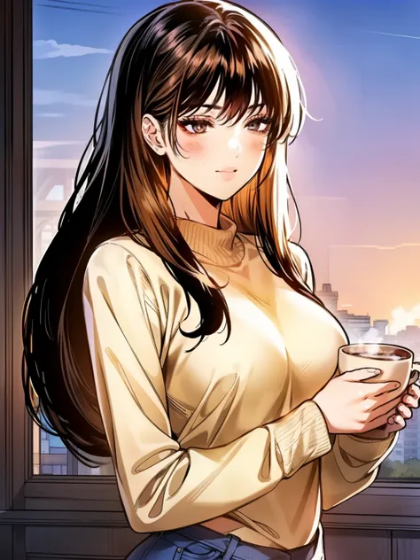 A young woman with long, wavy golden-brown hair cascading over her shoulders, and warm honey-colored eyes that radiate kindness. She is wearing a cozy red sweater, slightly oversized, with the sleeves gently rolled up. The sweater hugs her figure in a casu...