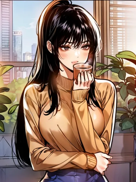 A young woman with long, black straight hair cascading over her shoulders, and black eyes that radiate kindness. She is wearing a cozy red sweater, slightly oversized, with the sleeves gently rolled up. The sweater hugs her figure in a casual yet elegant w...