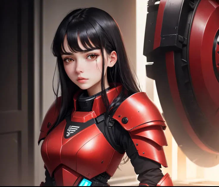 girl, Caucasian, 23 years old, black hair, wearing red technological armor, Red Arround security company armor, girl, Caucasian, 23 years old, black hair, wearing red technological armor, Red Arround security company armor, tired face and dark circles unde...