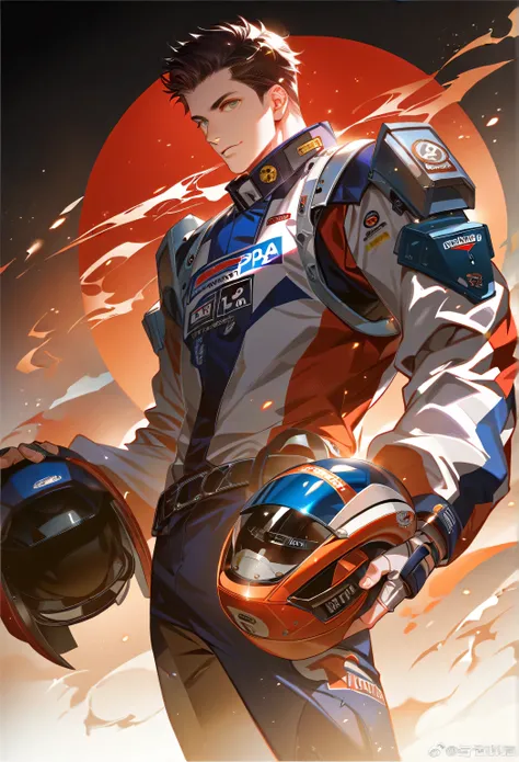 (Single:1.5), aldult, Male around the age of 25,  Muscular , blond,  Messy Short Hair,  grins , Racing suit, Standing, Male around the age of 25 holding a racing helmet ,  cyberpunk