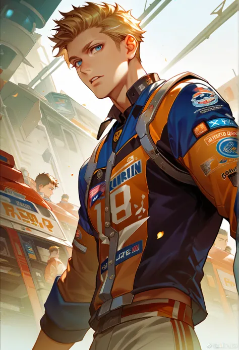 (Single:1.5), aldult, Male around the age of 25,  muscular ,  blonde hair,  blue eyes ,  Messy Short Hair,  grins , Racing suit, Standing,  cyberpunk