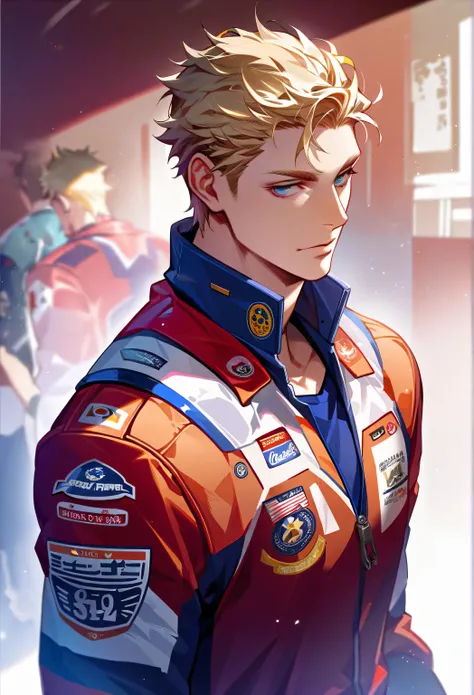 (Single:1.5), aldult, Male around the age of 25,  muscular ,  blonde hair,  blue eyes ,  Messy Short Hair,  grins , Racing suit, Standing,  cyberpunk