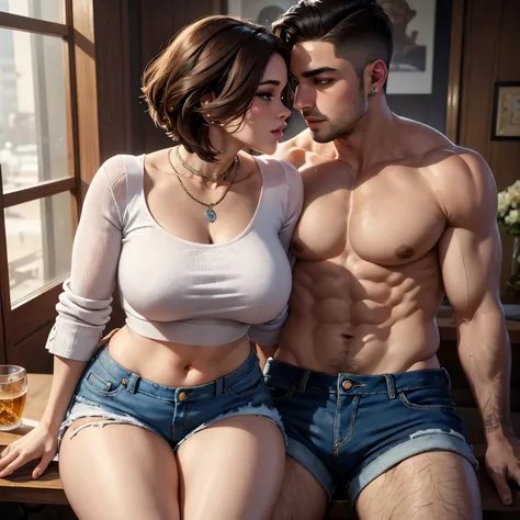 Amazing portrait of a sexy woman with her short hair in a bob style wearing a tight white full sleeved crop top showcasing her medium chest and denim shorts showing her voluptuous body and her perfect lips kissing and making out with a shirtless boy sittin...