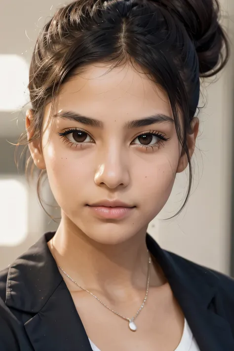  Mexican girl, adolescent,  hair tied up , Beautiful face, he would be,  Long eyelashes, , Work photo 