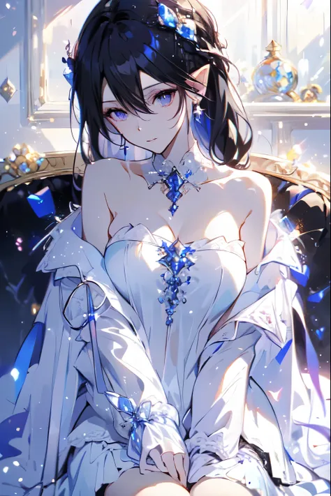  Quality Best ,  very detailed , masterpiece, Super fine, (Reality: 1.2),  1 girl at home, ( white background ),  Clean Background ,  Black eyes, black hair,  purple eyes , hair_  ornament  , (White off-the-shoulder shirt: 1.3), long hair, Sharp_ear, crown...