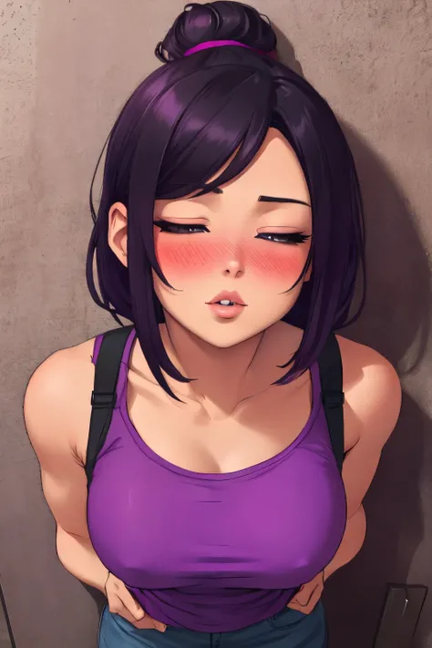 a short sexy woman wearing purple t shirt and black tracks, pinned against the wall, eyes closed, lips parted, blushing intensely, ready to kiss