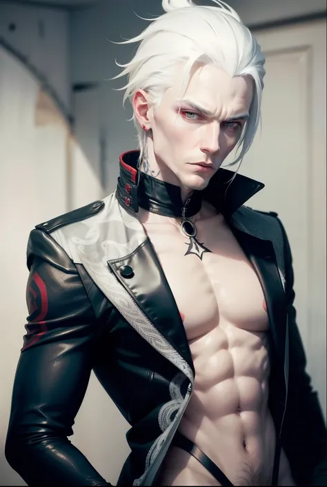  Create an albino man with white hair, thin, but defined, with a large red tattoo ,  wear an open blouse and a jacket 