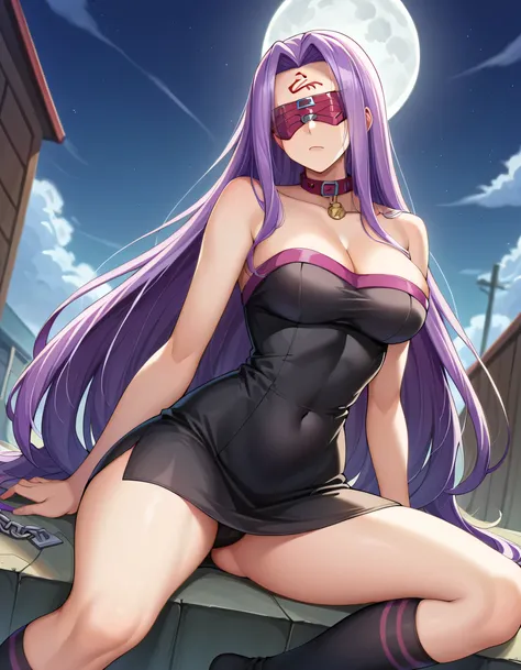 score_9、score_8_up、score_7_up、source_ real、medusarider、medusa rider、 long hair 、очень  long hair 、 purple hair 、face sign、mark on the forehead、golf courses、 dress 、  Cleavage 、 bare shoulders are visible、 vest 、黒い dress 、collar、strapless 、strapless  dress ...