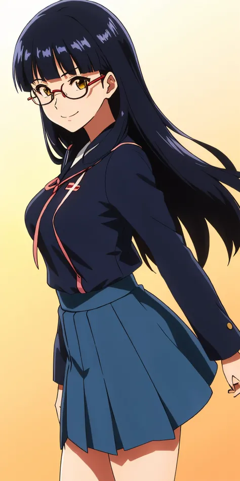 Young woman drawn in 80’s anime art style. 
Retro anime. Vintage Anime. Classical Anime. 
Black Blue HAIR
Large Hime Cut Hair
(Round Glasses)
(Round and Circle eyes)
(Yellow eyes)
(Medium Sized Eyebrows)
(Light Tan Woman)
(Medium Breast)
Seductive Smile

S...