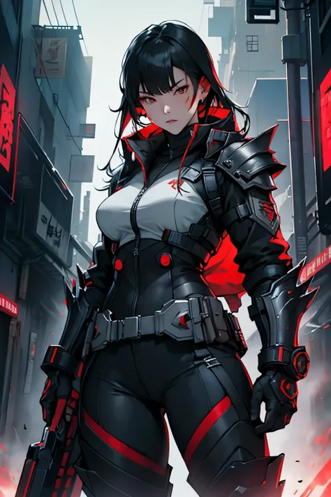 korean woman as an assassin in a cyberpunk futuristic world, wearing heavier battle armour, black and grey, with red trim. face uncovered