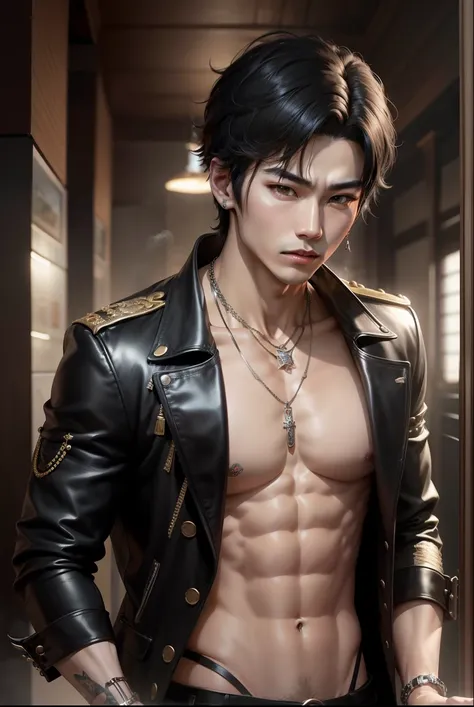 K-pop Idol, masculine, Korean, shirtless, jewelry, style dnd,  black hair