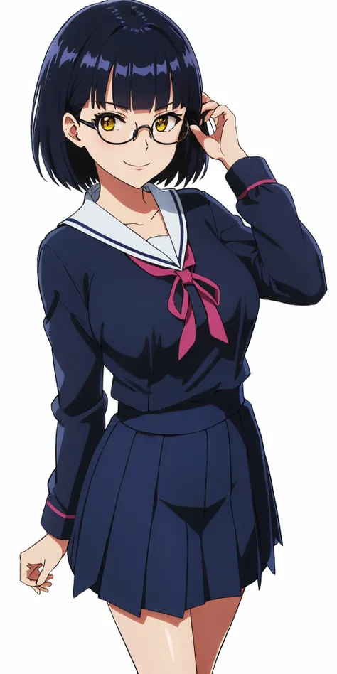 Young woman drawn in 80’s anime art style. 
Retro anime. Vintage Anime. Classical Anime. 
Black Blue HAIR
Top Knot Hime Cut Hair
(Round Glasses)
(Round and Circle eyes)
(Yellow eyes)
(Medium Sized Eyebrows)
(Light Tan Woman)
(Medium Breast)
Seductive Smile...