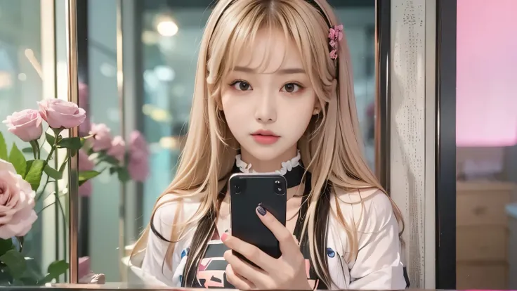 of Misaki, small breasts,Close up of a person holding a cell phone near a mirror,  Black Pink Rose Annes Park ,  Black Pink Joshi , Retrato de  Black Pink Joshi ,  blackpink Larisa Manovan , Larisa Manovar, His hair is white,  black pink jisse ,  black pin...