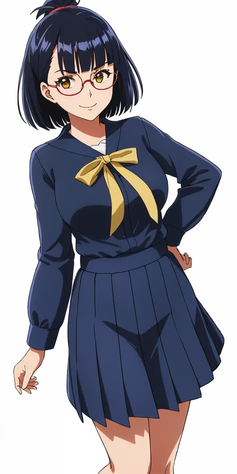 Young woman drawn in 80’s anime art style. 
Retro anime. Vintage Anime. Classical Anime. 
Black Blue HAIR
Top Knot Hime Cut Hair
(Round Glasses)
(Round and Circle eyes)
(Yellow eyes)
(Medium Sized Eyebrows)
(Light Tan Woman)
(Medium Breast)
Seductive Smile...