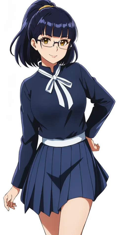 Young woman drawn in 80’s anime art style. 
Retro anime. Vintage Anime. Classical Anime. 
Black Blue HAIR
Top Knot Hime Cut Hair
(Round Glasses)
(Round and Circle eyes)
(Yellow eyes)
(Medium Sized Eyebrows)
(Light Tan Woman)
(Medium Breast)
Seductive Smile...