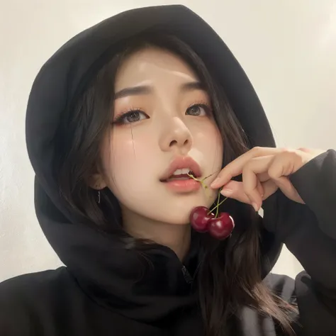 araffe woman in a black sweatshirt eating a cherry, ulzzang, Cruel Korean Goth Girl, black haired  wearing sweatshirt,  wearing sweatshirt, Heonhwa Choe (in Portuguese), profile picture, in a black sweatshirt,  Korean, asian girl, lulu chen,  inspirado por...