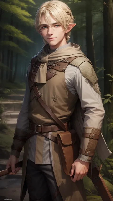 A 20-year-old young elf with light blonde hair, wearing a broad wide smile. He is dressed in grey and brown hunters clothing, perfect for exploration or combat. He holds a bow casually in his hand, ready for action. His relaxed and friendly demeanor contra...