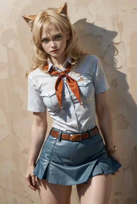 very young slim fit girl, full height, rounded face, (long curly disheveled blond hair:1.4), big blue eyes, shy smile, perfect medium breast, band on head with fake cat ears, monroe, pioneer neckerchief, short tight blue pleated skirt, bangs, tight white s...