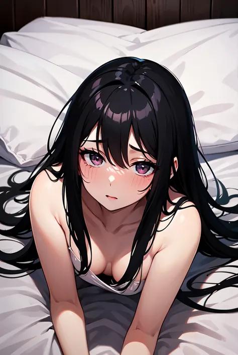  dress　 lying in bed 　Black Hair　 dark eyes　 crying　 drool　woman　 angle from above　sweat　blush