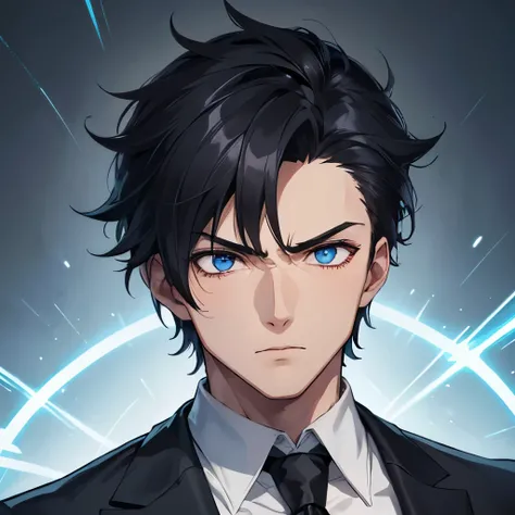 1 boy, A black-haired,spikey hair, gray suit, red lightning , light blue eyes, stoic face, portrait, buff, handsome, masculine, fighter 