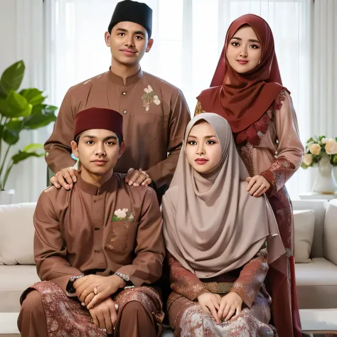 Family photo in Indonesia, four members. A pair of parents, aged 20, a teenage boy aged 15 and a teenage girl aged 14. They are wearing matching Malay-style Muslim clothes, floral patterned sarongs, and sharia-compliant long hijabs in the same harmonious r...