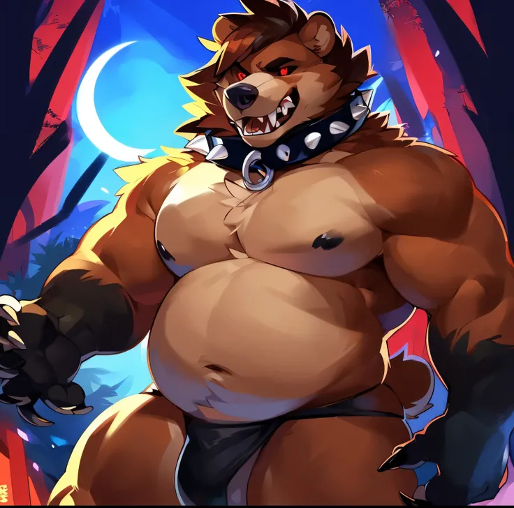 Solo, anthro, male (((bear, black sclera, red eyes, red iris, broad shoulders, muscular, slightly chubby, dark brown body, dark brown, brown hair, short hair, spikes hair, black nose, cheek tuft, neck tuft, black hands, clawed hands, sharp teeth, fangs, bi...